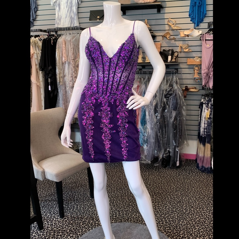Beaded purple Jovani mesh corset mini dress